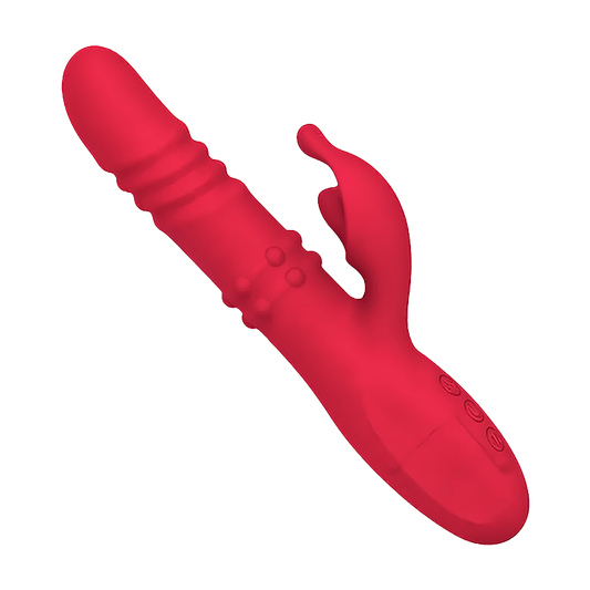 Red silicone dual vibrator on a white background