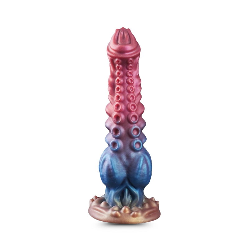 Colorful octopus-like fantasy dildo on white background
