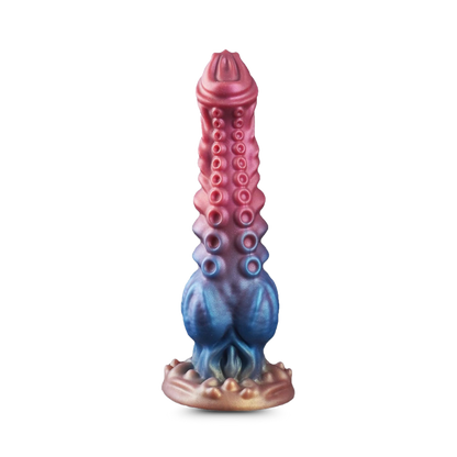 Colorful octopus-like fantasy dildo on white background