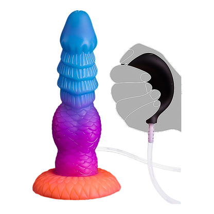 Colorful silicone dildo with manual pump on a white background