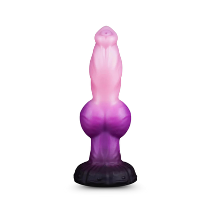 Purple and pink silicone dildo on a white background