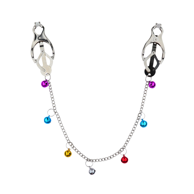 Metallic nipple clips connected by a chain with colorful beads on a white background