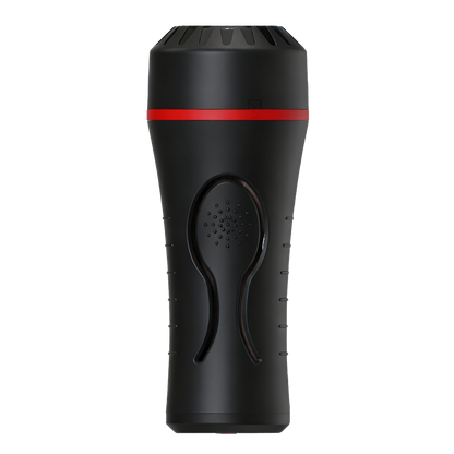 Black handheld flashlight-like male masturbator with a red stripe on a white background