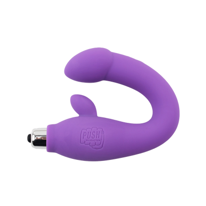 Purple silicone dual vibrator on a white background