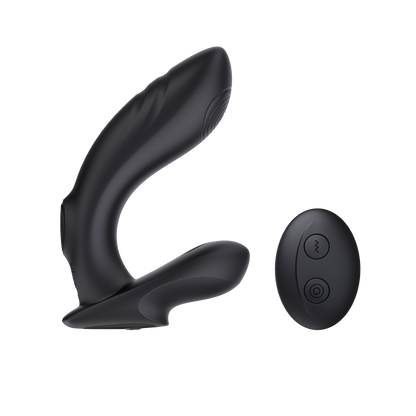 Black curved butt plug with a black remote control on a transparent background