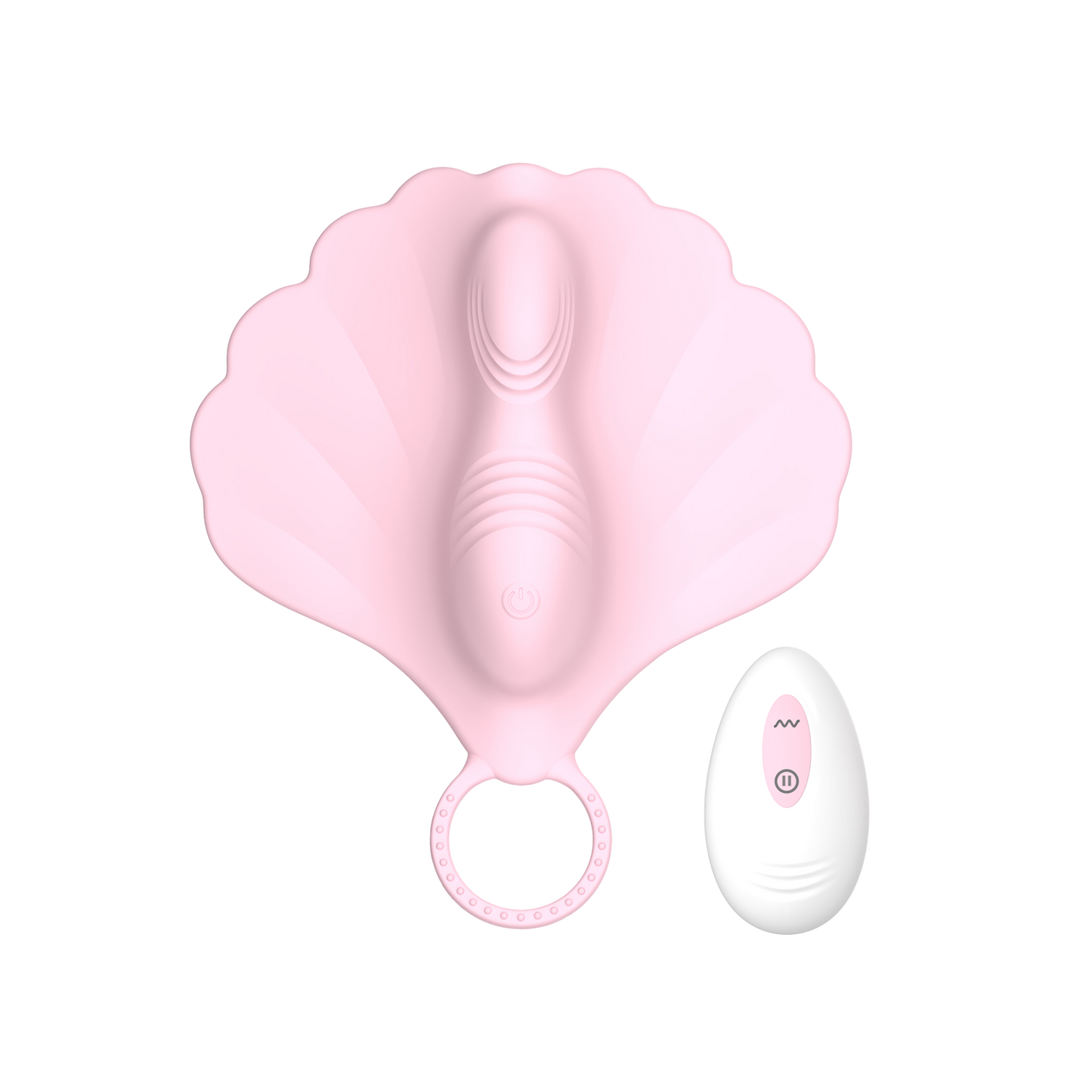Pink clam-shaped wearable vibrator with a white remote control on a transparent background